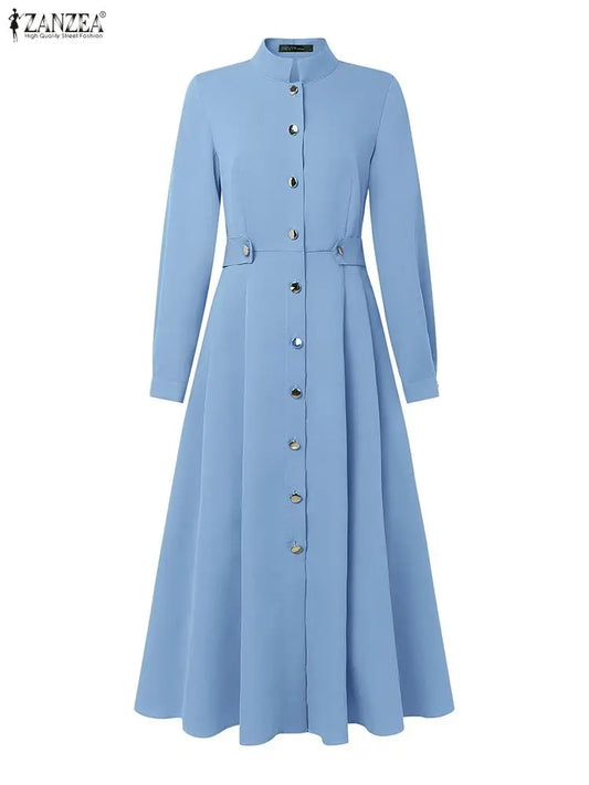 Women's Elegant A-Line Midi Dresses ZANZEA Casual Mock Neck Long Sleeve Button Up Long Dress 2025 Autumn Woman Clothing S-3XL