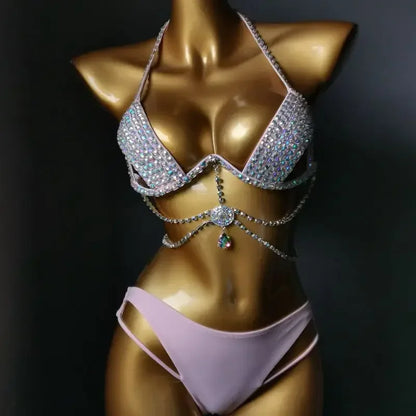 Diamante Bikini Sexy Nightclub Bar DJ Pole Dancing Bikini Sparkly Rhinestones Bra Shorts 2-Piece Set Party Performance Costume
