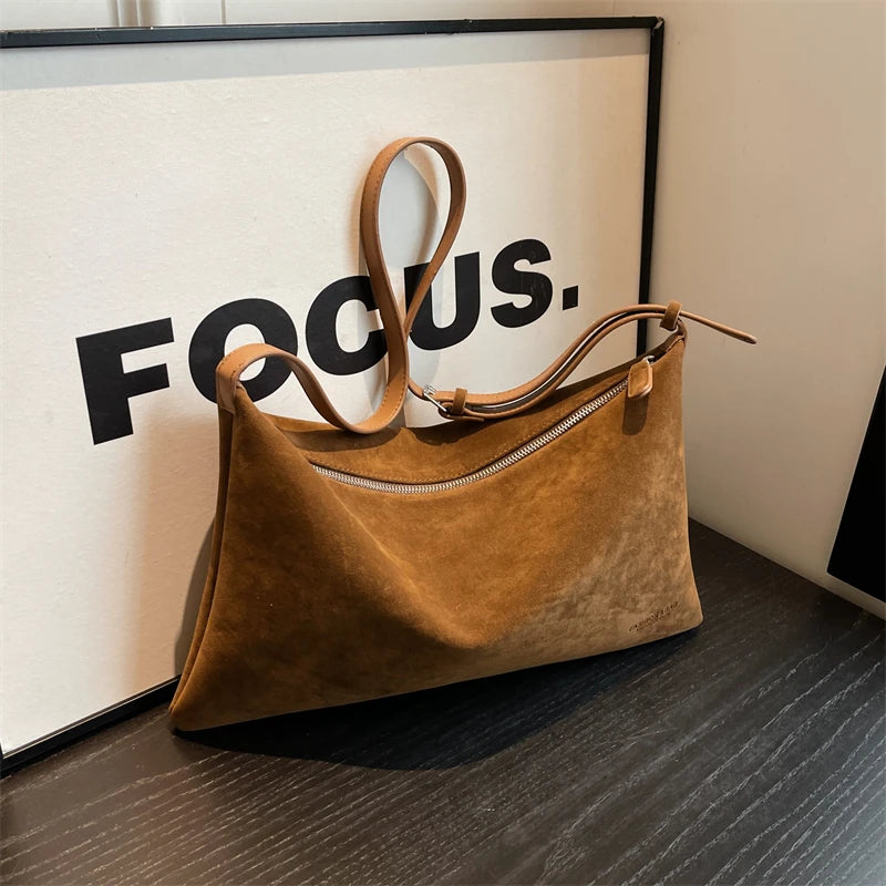 Vintage Suede Tote Bag For Women Autumn Winter New Large Capacity Commute Shoulder Crossbody Bags Fashion Trend Underarm Bags