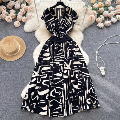 2026 Summer Bohemian Wommen Print Midi Dress Vintage V-Neck Sleeveless High Waist A-Line Plain Vestido Female New Casual Robe