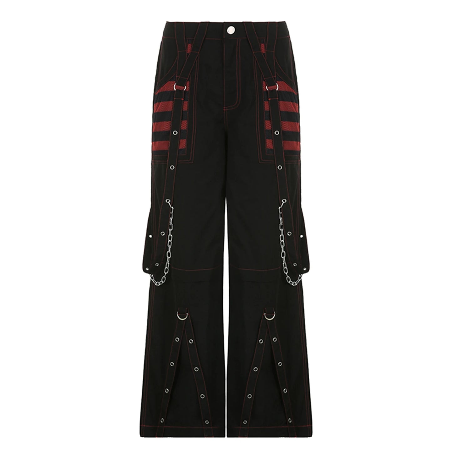 Women Gothic Chain Bandage Wide Leg Pants Women Oversize Low Rise Dark Academic Trousers Streetwear 90s Baggy Pant Punk Style