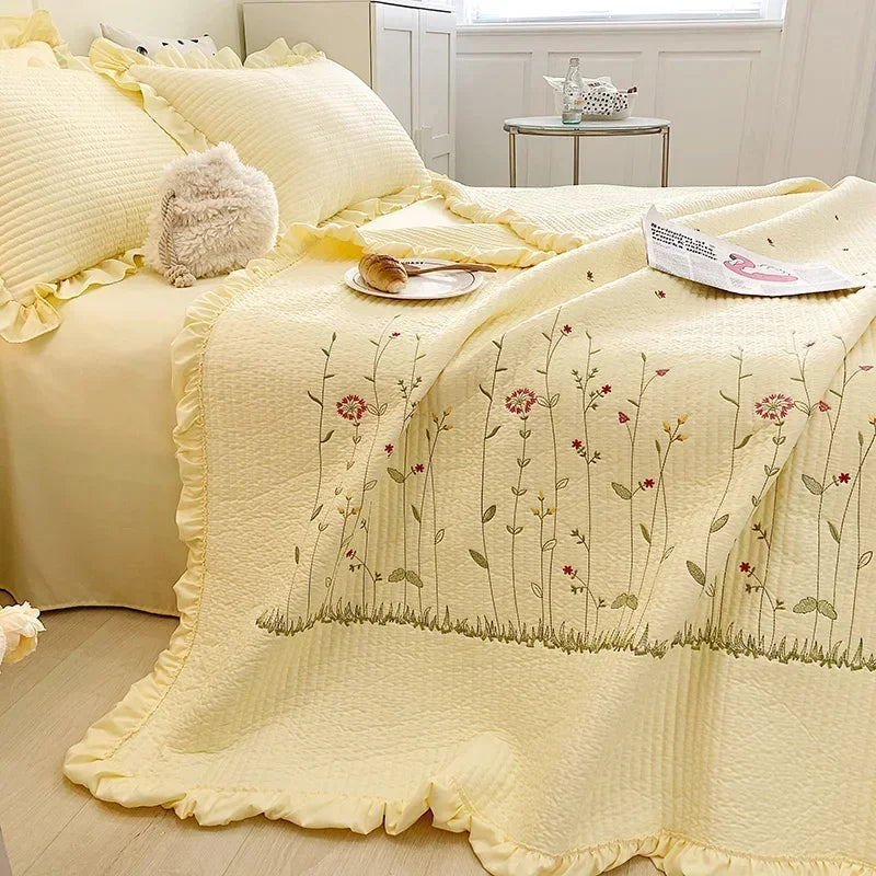 Ruffles Flowers Embroidery Spring Summer Quilt 1/3/4 Pcs Set Princess Quilted Bedspread Air-conditioning Blanket Comforter Duvet