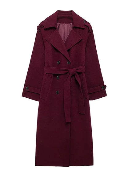 Elegant Burgundy Woolen Coat With Belt Women Lapel Full Sleeve Double Breasted Lady Overcoat 2024 Autumn Winter Female Outwear