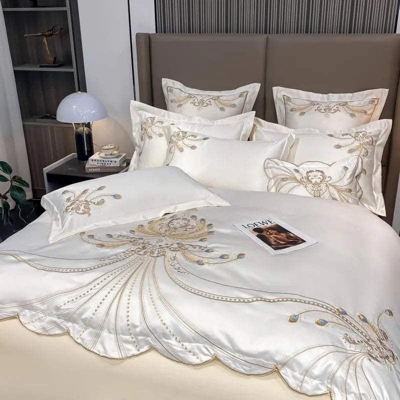4/6Pcs White Gray Sateen Gold Embroidery Luxury Satin Cotton Bedding set Double Queen King Comforter Cover Bed Sheet Pillowcases