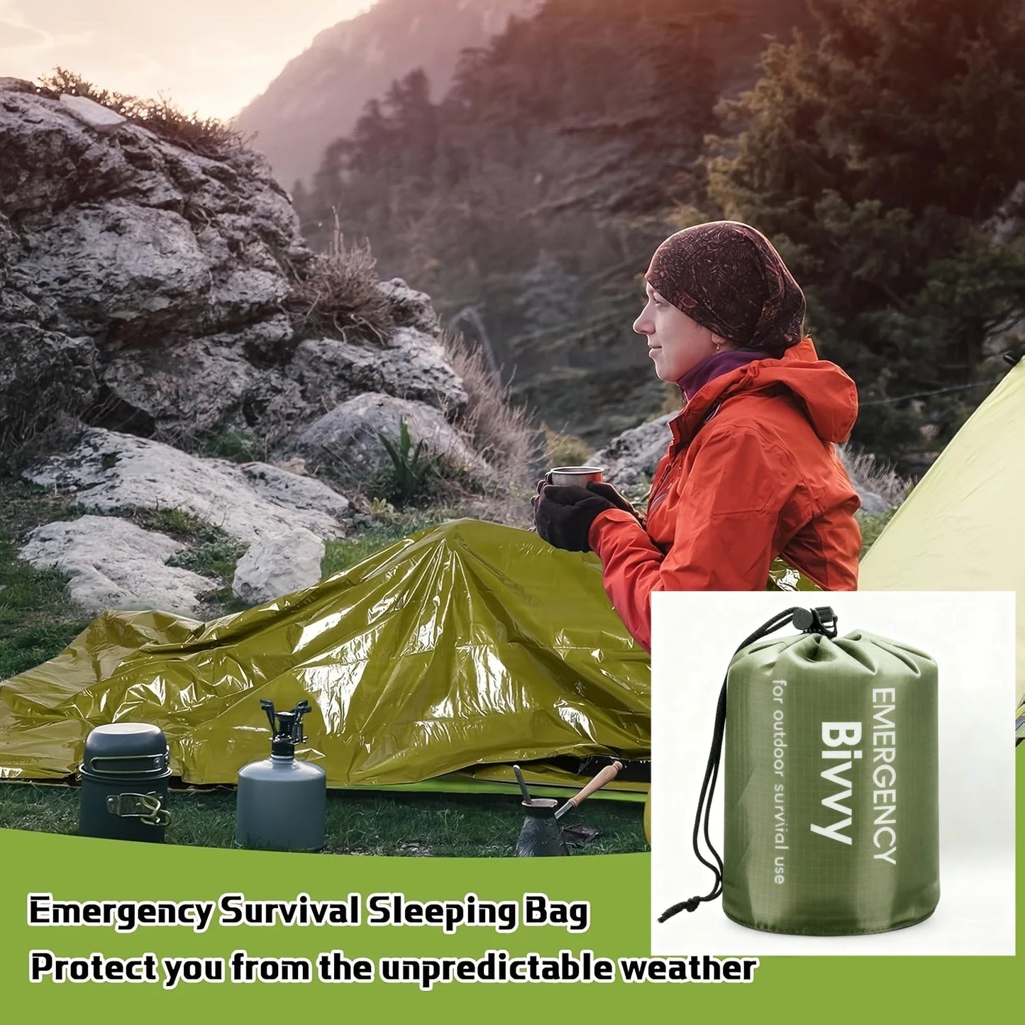 Multi-pack emergency sleeping bags, green, drawstring bag,suitable for outdoor camping, emergency use, and outdoor activities