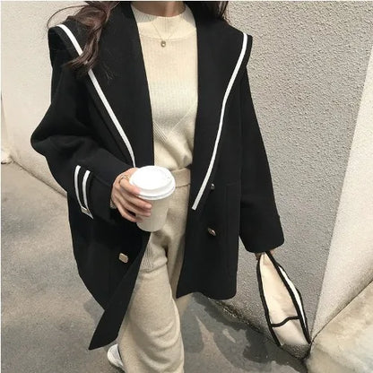 Japanese Sle Small Size Woolen Coat Women Winter Faion Anti-Aging Navy Collar Fake Camere Loose Knitwear Top