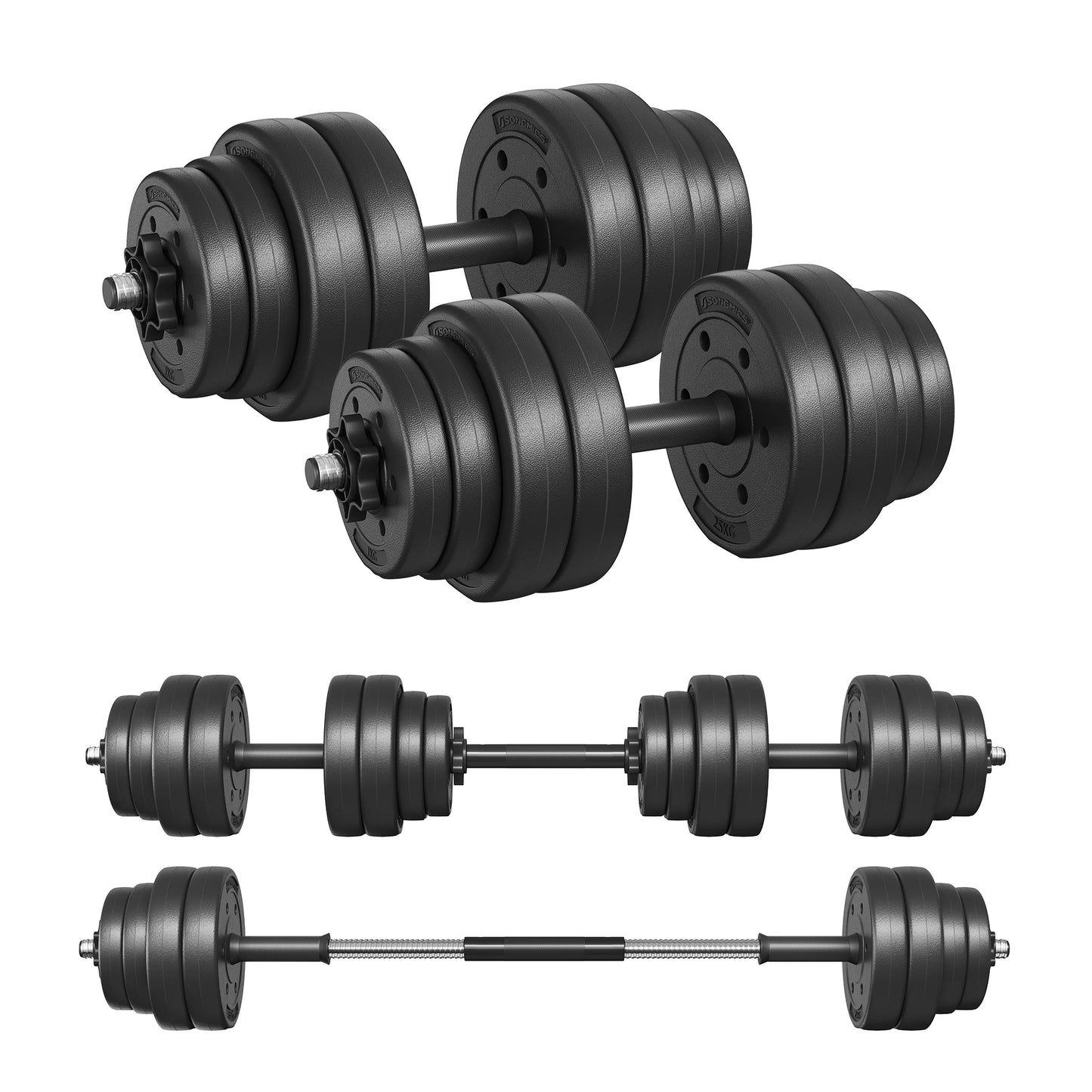 SONGMICS 2-in-1 Dumbbells Set, 2 x 15 kg Adjustable Dumbbells with Extra Barbell Bar, Plastic-Coated Weight Plates