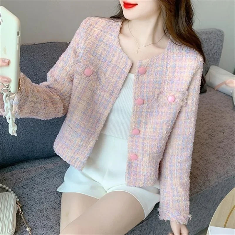 Women's Jacket 2024 Spring Autumn New Pink Tweed Small Fragrance Coat Short Jacket Korean Fashion Elegant Female Outerwear Tops