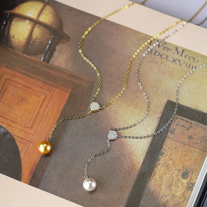 Fashionable and Creative 14K Gold Authentic S925 Silver Full Diamond Round Pendant Pearl Necklace Women's Jewelry