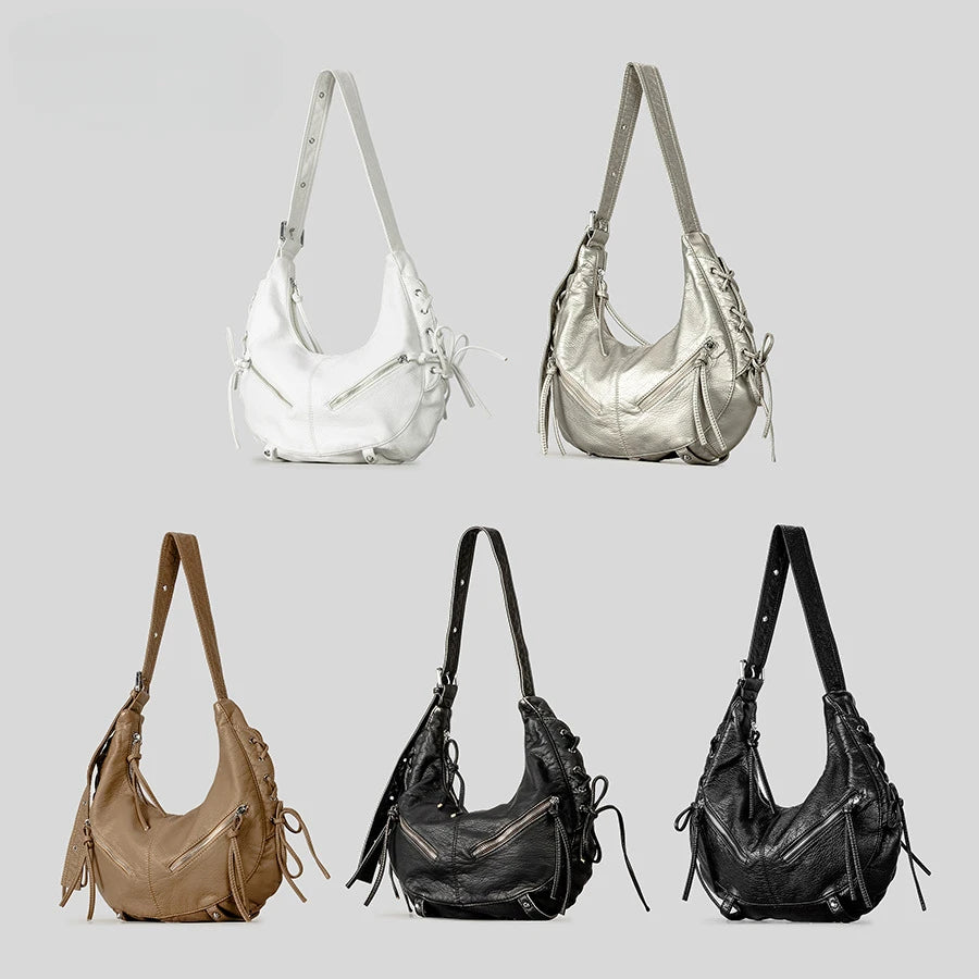Strappy Punk Style Motorcycle Underarm Bag for Women Messenger Bag Large Capacity Soft PU Leather Female Shoulder Bag Handbag