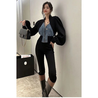 Design Sense Niche Black Denim Stitching Long-Sleeved Short Coat Women's Spring And Autumn Spice Girl Fake Two Cardigan Tops