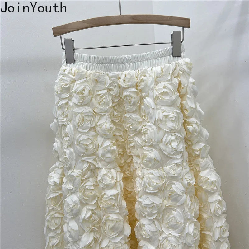 Chic 3D Floral Skirt for Women Temperament Jupe 2025 Faldas Mujer De Moda High Waist Loose Saia A-line Sweet Solid Color Skirts