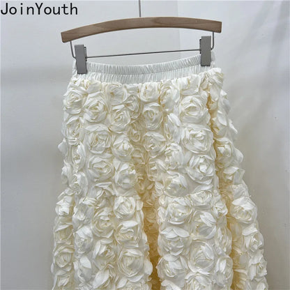 Chic 3D Floral Skirt for Women Temperament Jupe 2025 Faldas Mujer De Moda High Waist Loose Saia A-line Sweet Solid Color Skirts