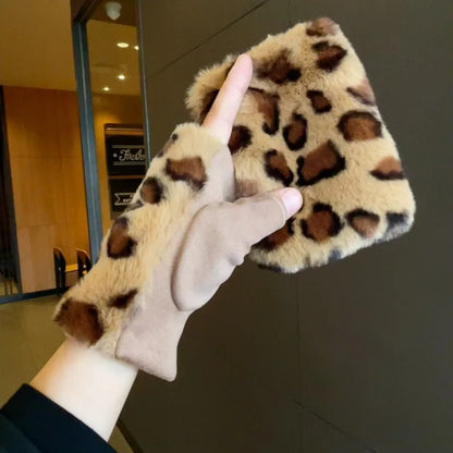 Winter Korean version half -finger leopard gloves suede iconic fur gloves, students with velvet fur, warm gloves wholesale
