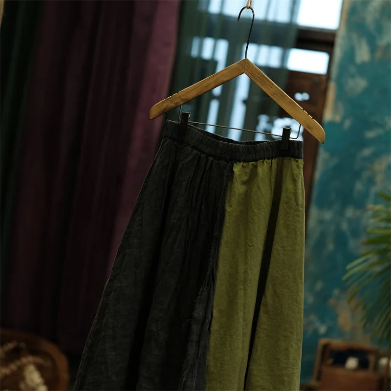 Johnature Women Vintage Patchwork Linen A-Line Skirts Elastic Waist Green 2025 Autumn Chinese Style Women High Quality Skirts