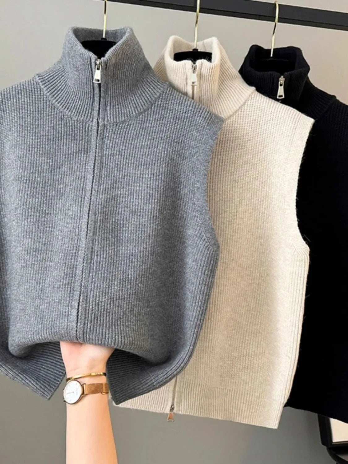 High Collar Zipper Knitted Open Cardigan Vest Women's Loose Layering Jacket Sweater Shoulder Pad Spring Autumn Winter New Style