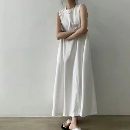 2022 Minimalist Chic Loose Swing Sleeveless Mid-length Casual Cotton Linen Long Dress  Round Neck High Waist Women Runway Dress