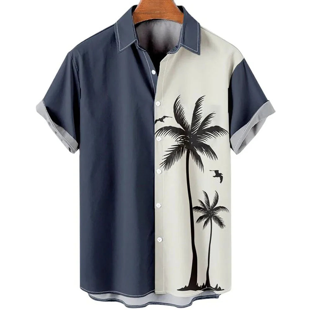 Hawaiian Shirt Men Summer 3d Coconut Tree Printed Holiday Short Sleeve Tops Tee Oversized Blouse Casual Dress