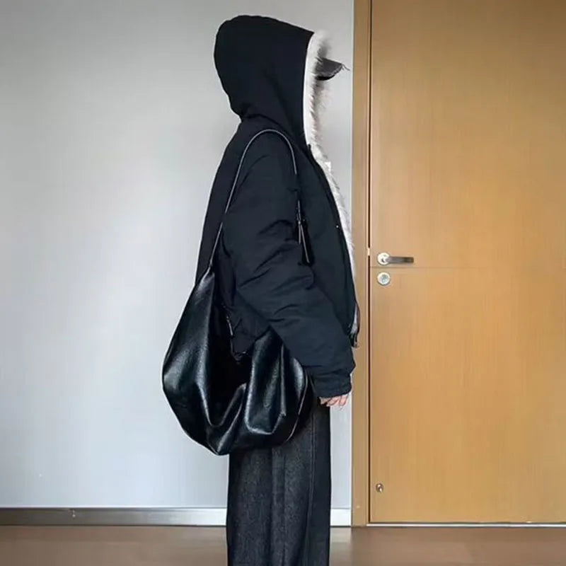Autumn Winter Warm Plus Velvet Jacket Women American Vintage Hooded Short Outwear Female Casual Loose Plush Neck Cotton Coat