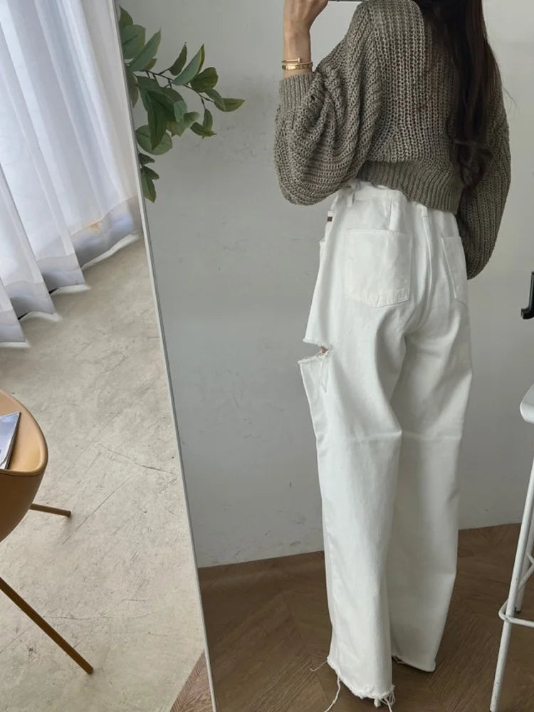 Loose Wide Leg Jeans Women's High Waist Straight Leg Long Pants Torn Design Versatile Casual Spring Faion Blue Denim