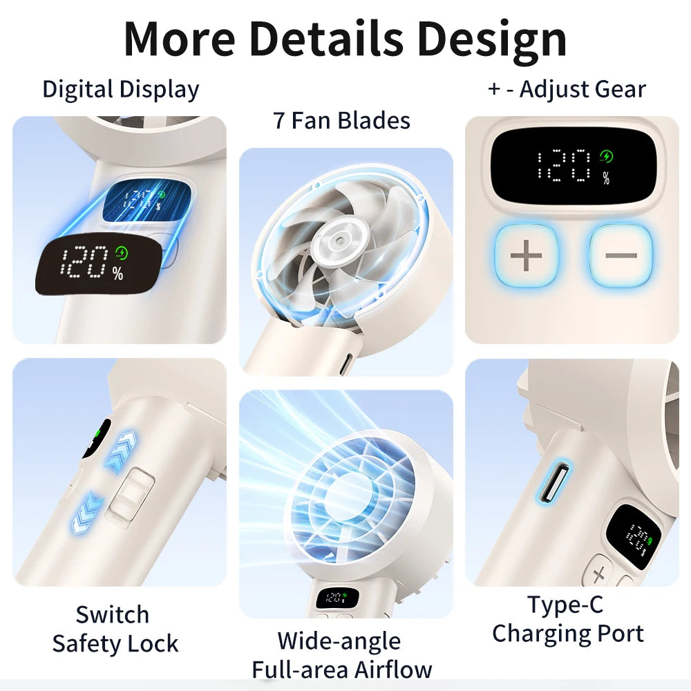 Portable Handheld Fan, 5 Speeds, LED Screen, Rechargeable Battery, Quiet Strong, 2-in-1 Desktop USB Fan for Home Office Travel
