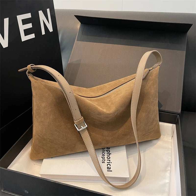 Vintage Suede Tote Bag For Women Autumn Winter New Large Capacity Commute Shoulder Crossbody Bags Fashion Trend Underarm Bags
