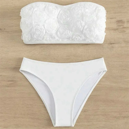 Sexy Flowers Bikini White Y2K Bandeau Swimsuit Push Up Bathing Suit 3D Floral Swimwear Women Highwaist Beach Set Vacation Outfit