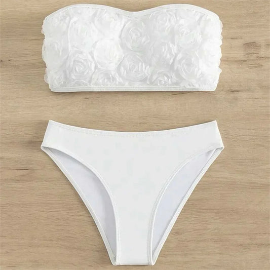 Sexy Flowers Bikini White Y2K Bandeau Swimsuit Push Up Bathing Suit 3D Floral Swimwear Women Highwaist Beach Set Vacation Outfit