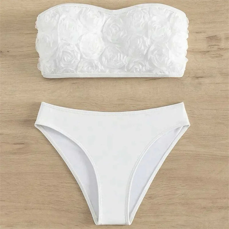 Sexy Flowers Bikini White Y2K Bandeau Swimsuit Push Up Bathing Suit 3D Floral Swimwear Women Highwaist Beach Set Vacation Outfit
