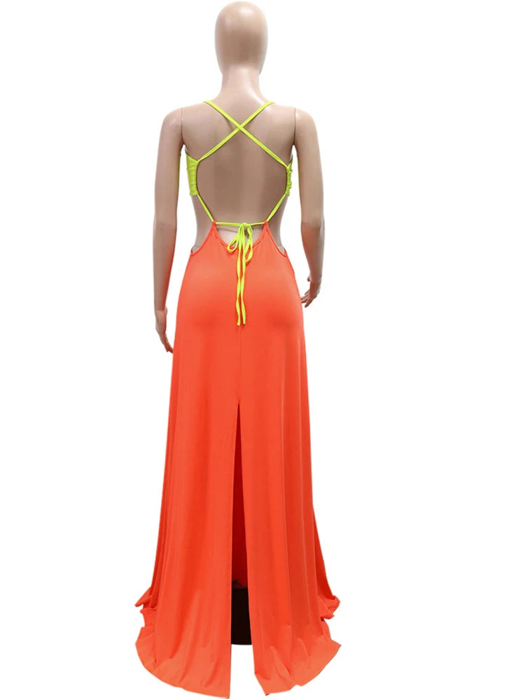 Beyprern Women's Hollow Out O-Rings Metal Long Dresses Fashion Backless Bandage Holiday Dresses Vacation Outfits Sexy Clubwear