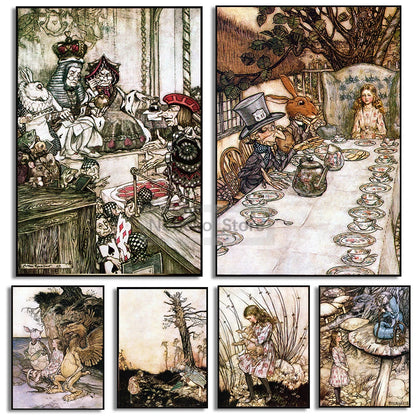 Canvas Painting Wall Art Pictures Home Room Decor Arthur Rackham Artwork Alice in Wonderland Mad Hatter Red Queen Poster Prints