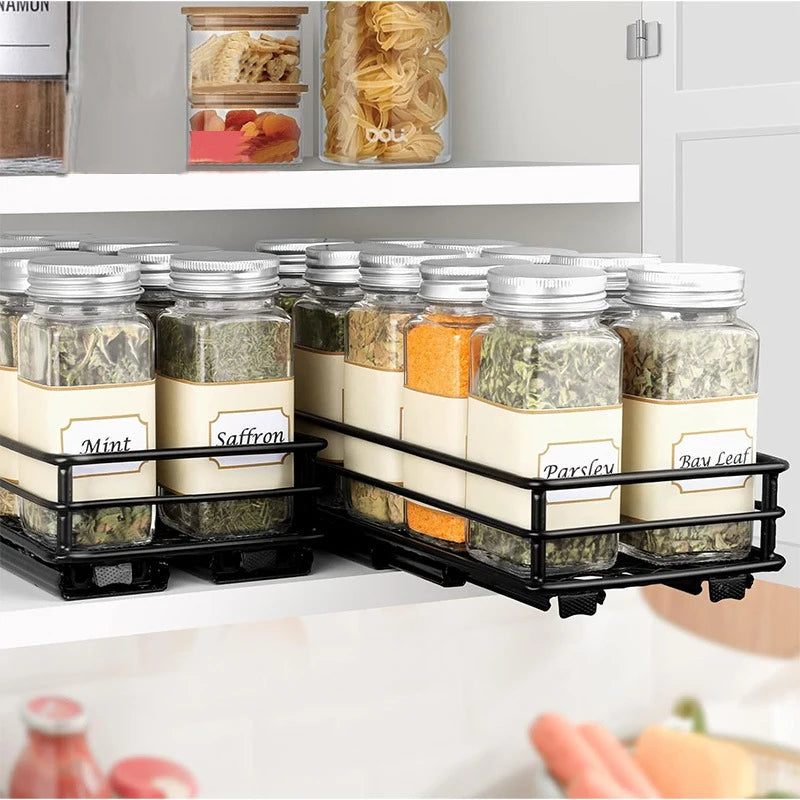 Kitchen Spice Racks Suit for Narrow Cabinet Drawer Pull-Out Seasoning Holder Rack with Track Spice Bottle Storage Organiziers
