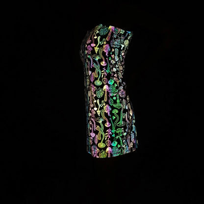 New Arrivals Mushroom Colorful Reflective Dress Women Night Reflect Rainbow Light Black Bodycon Dress Fashion Party Vestido