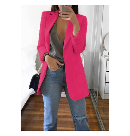 Autumn And Winter Women's Fashion Solid Color Polo Neck Slim Fit Coat Elegant Women's Long Sleeve Pocket Casual Suit Coat S-3XL