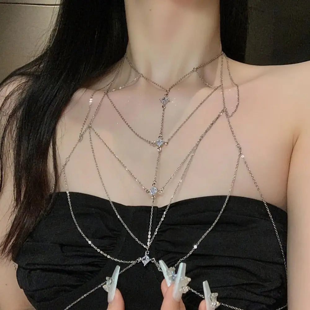 Body Jewelry Glitter Rhinestone Bust Chain Multilayer Luxury Bikini Chest Chain Trend Unique Silver Body Chain Party