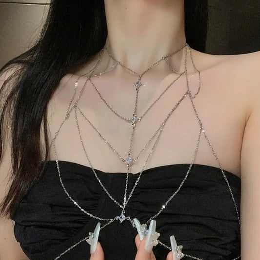 Body Jewelry Glitter Rhinestone Bust Chain Multilayer Luxury Bikini Chest Chain Trend Unique Silver Body Chain Party