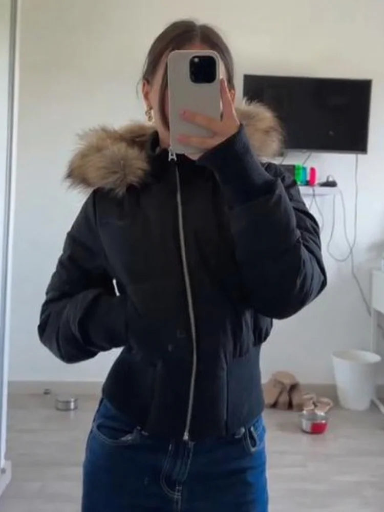 Fashion Faux Fur Hooded Quilted Coat For Women Casual Full Sleeve Zipper Pocket Cropped Jacket Lady 2025 Winter Street Outerwear