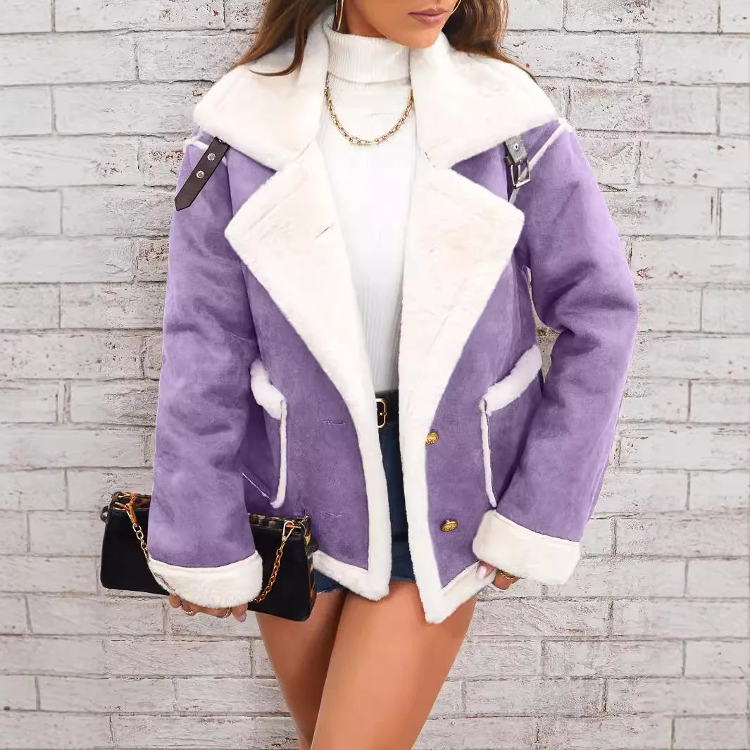 Women Shearling Jacket Casual Short Coat Y2k Turn Down Collar Long Coats Single Breasted Loose Street Wear Thick 2025 Winter