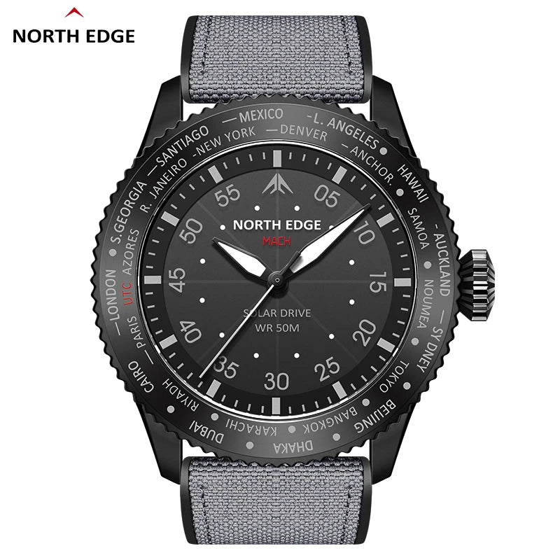 NORTH EDGE 2024 MACH Solar Power Quartz Watch Men's Pilot Sports Wristwatches Luminous Enviormentally Clock Men Waterproof 50M