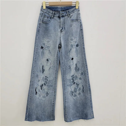 DEAT Women's Jeans High Waist Embroidery Flowers Burrs Edge Straight Wide Leg Denim Pants 2026 New Fashion Summer 29L9973