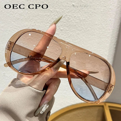 OEC CPO Fashion Double Bridges Pilot Sunglasses Women Large Frame Shades UV400 Retro Sun Glasses Female Orange Yellow Eyewear