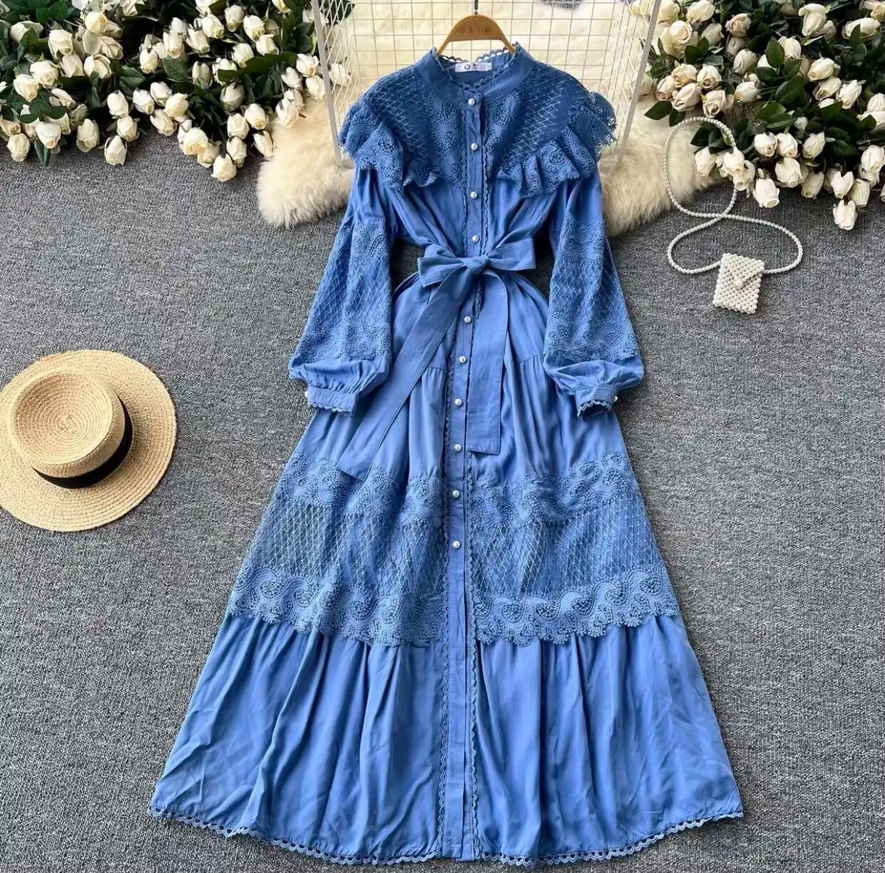 LGRQ For Women's Lace-up Single Breasted Lace Dress Fashion Hollow Out Bead Button Round Neck Dresses 2025 Autumn New Clothing