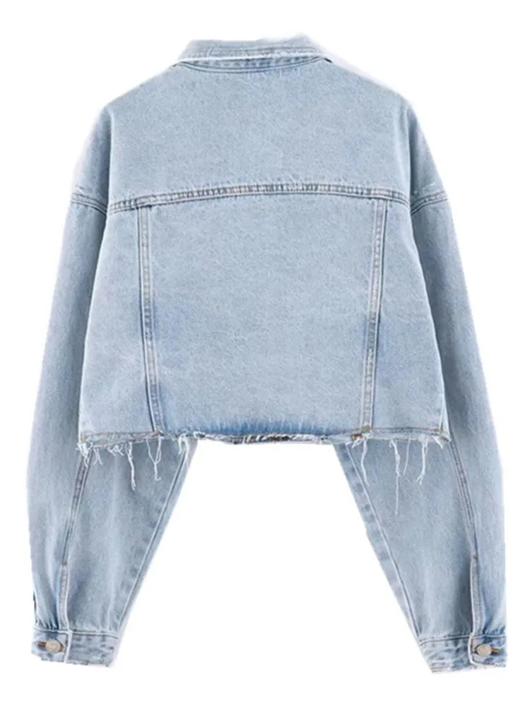 Autumn Drop Shoulder Loose Short Denim Jacket Vintage Women Lapel Pockets Single Breasted Draped Jean Coat Cool Outerwear