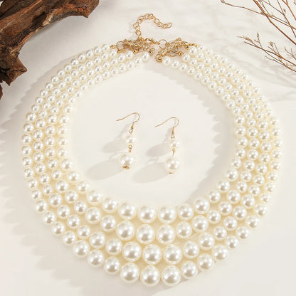 Wedding Jewelry Set Fashion Elegant Multi-layer Handmade Imitation Pearl Beaded Necklace And Earrings Women's Party Accessories