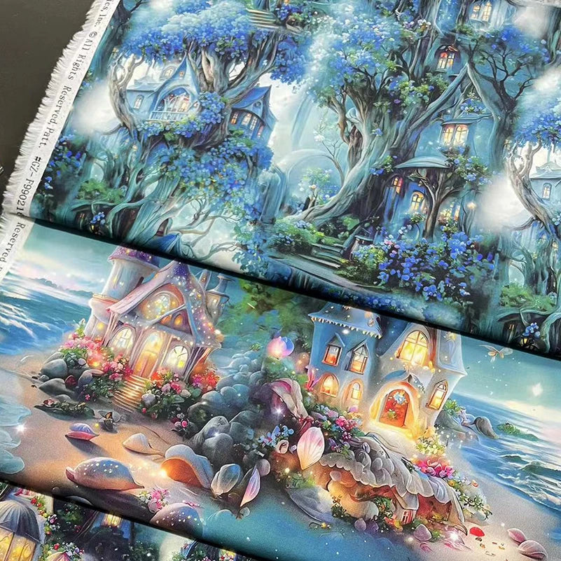 Cotton Fabric Digital Printing HD Fairy Tale Dream House Elf for DIY Handmade Sewing Clothes Bags Dresses by Half Meter