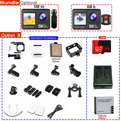 Action Camera 5K 4K60FPS 50MP 2.0 Touch EIS Pre-Record Wireless Mic Wi-Fi 170D DVR Webcam Waterproof 30M 5X Zoom Sports Camera