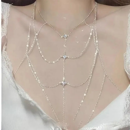 Body Jewelry Glitter Rhinestone Bust Chain Multilayer Luxury Bikini Chest Chain Trend Unique Silver Body Chain Party