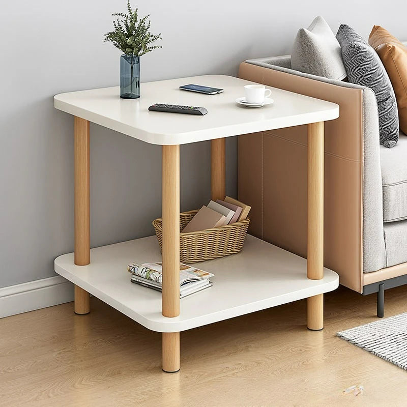 2-Tier Wooden Side Table, Modern End Table with Semi-enclosed Storage Space for Living Room Bedroom Gray