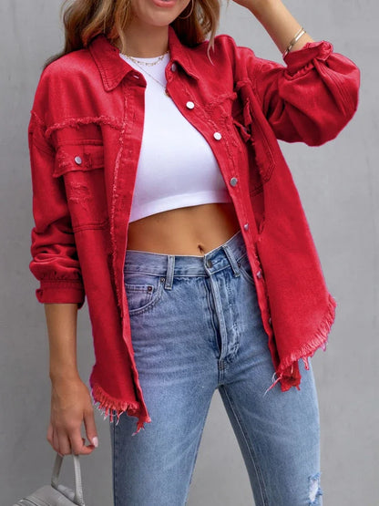 Spring Autumn Denim Women's Jacket Rough Selvedge Ripped Loose Fit Long Sleeve Korean Fashion Female Top