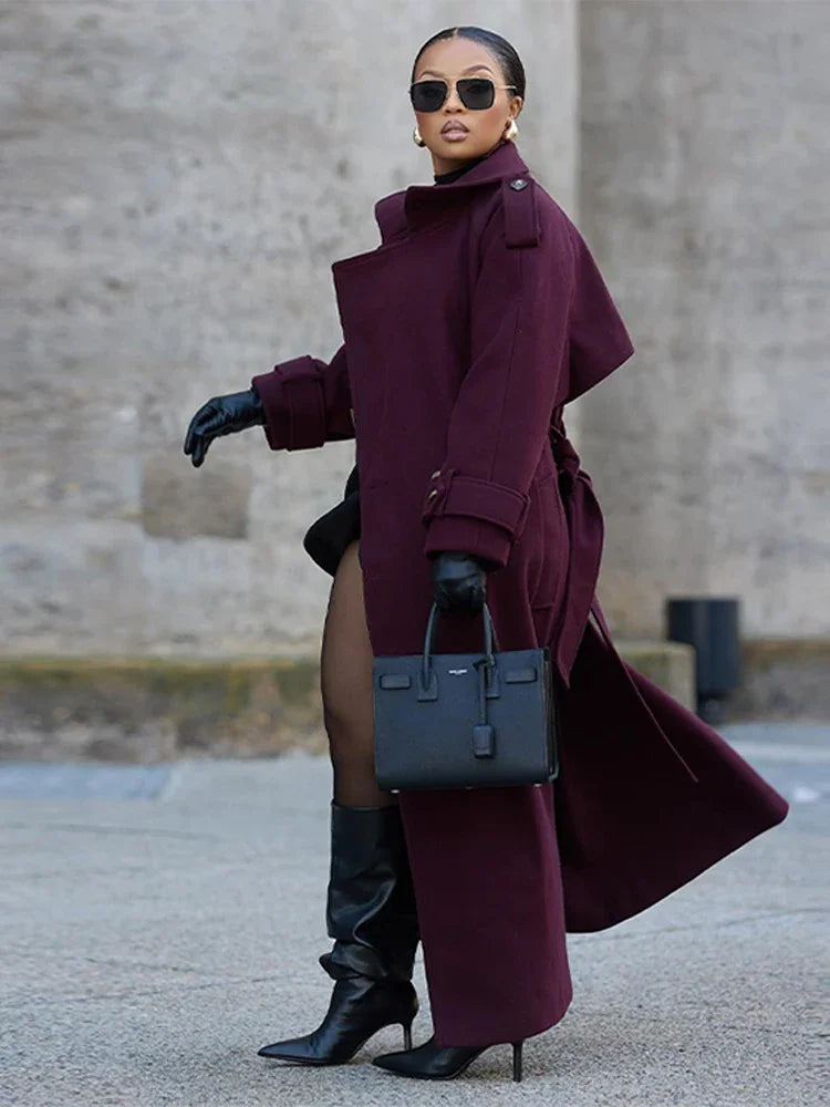 Elegant Burgundy Woolen Coat With Belt Women Lapel Full Sleeve Double Breasted Lady Overcoat 2024 Autumn Winter Female Outwear